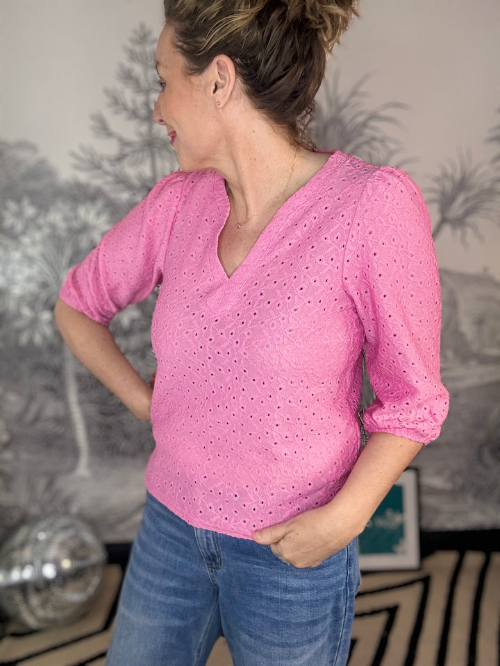 Ajour Broderie Anglaise Blouse In Pink