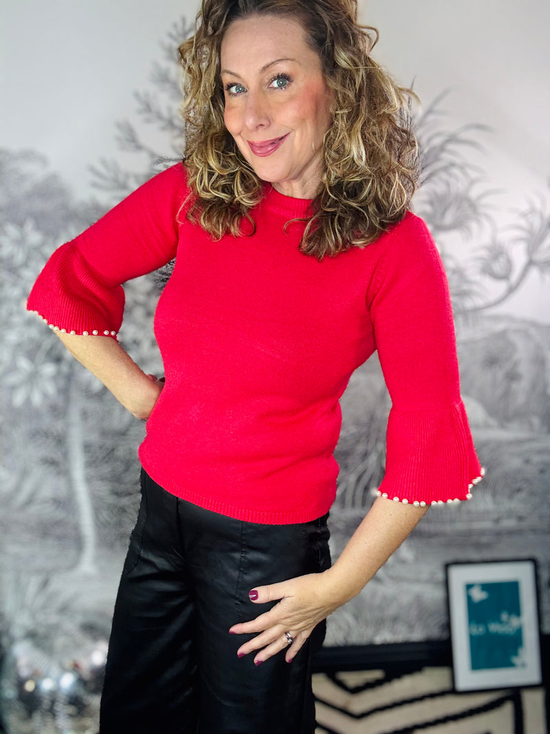 Poppy Pearl Trim Flare Sleeve Jumper