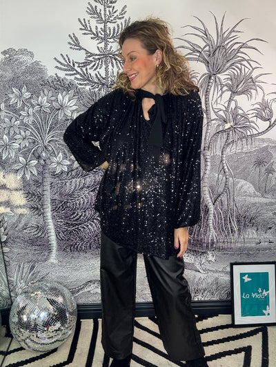 Elise Sequin Oversized Blouse with Neck Tie