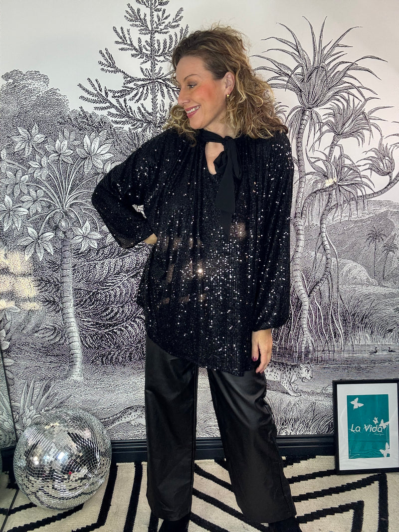 Elise Sequin Oversized Blouse with Neck Tie