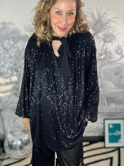 Elise Sequin Oversized Blouse with Neck Tie