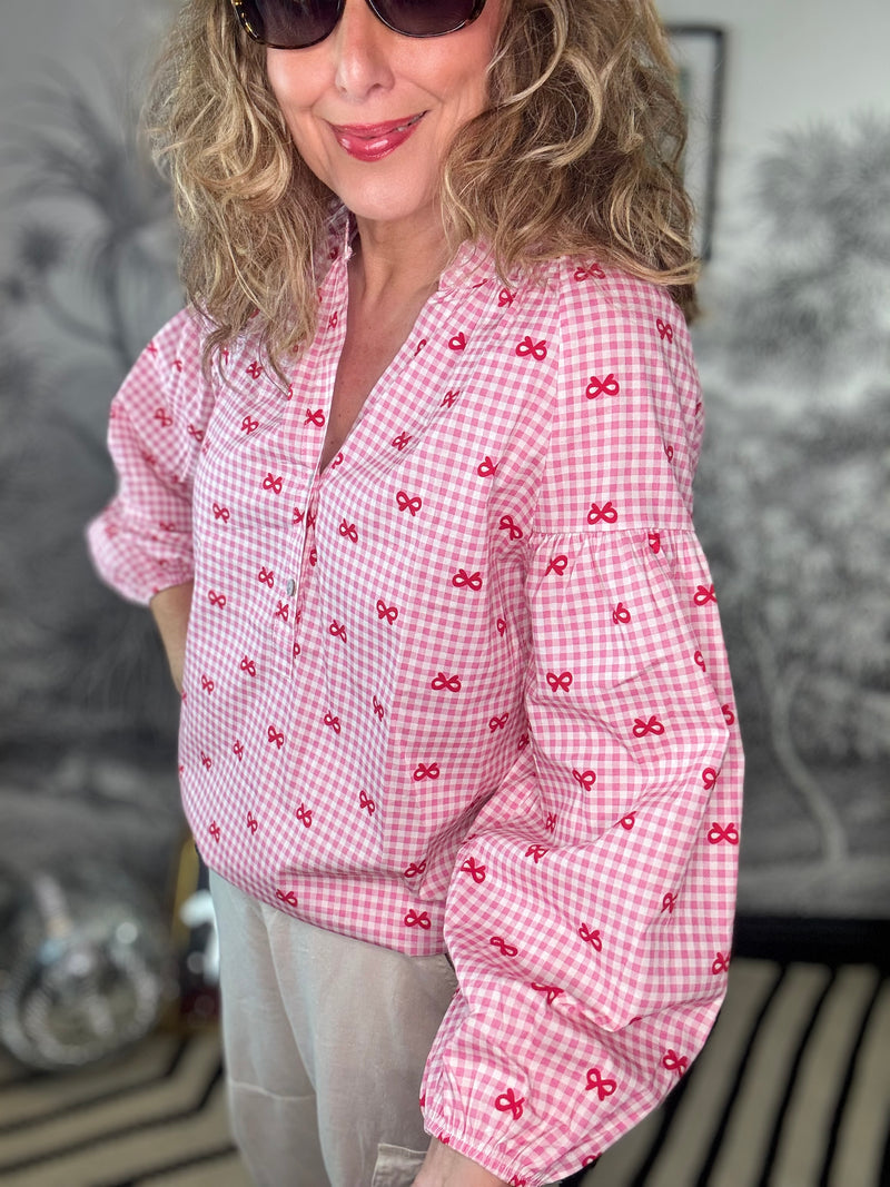 Witty Blouse in Pink Gingham & Red Bow