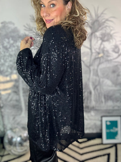 Elise Sequin Oversized Blouse with Neck Tie