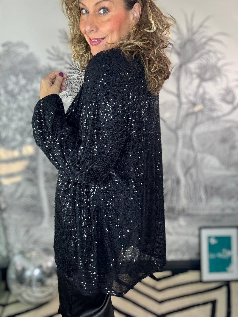 Elise Sequin Oversized Blouse with Neck Tie