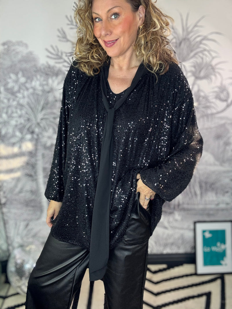 Elise Sequin Oversized Blouse with Neck Tie