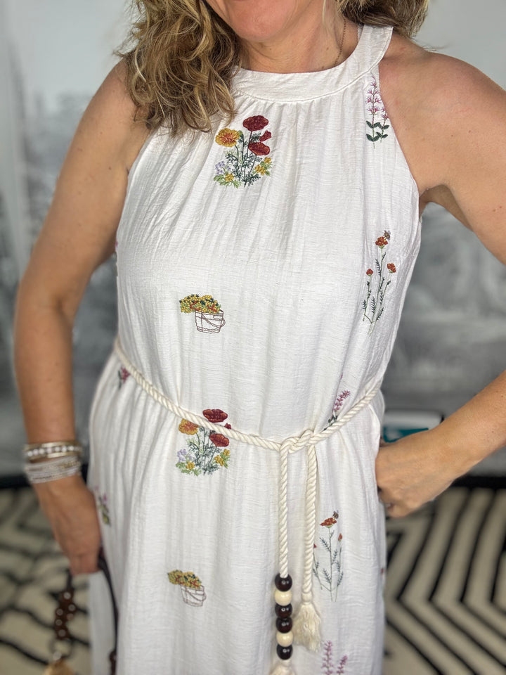 Provence Floral Embroidery Halter Style Neck Dress