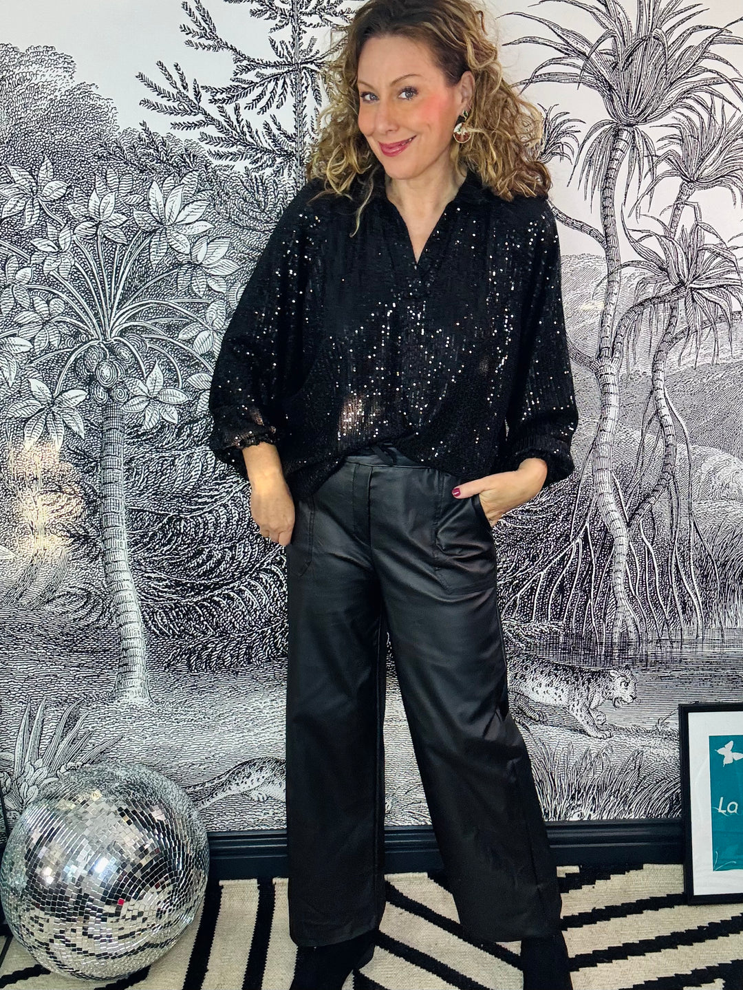 Aneta Sequin V-Neck Top with Collar