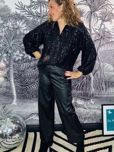 Aneta Sequin V-Neck Top with Collar