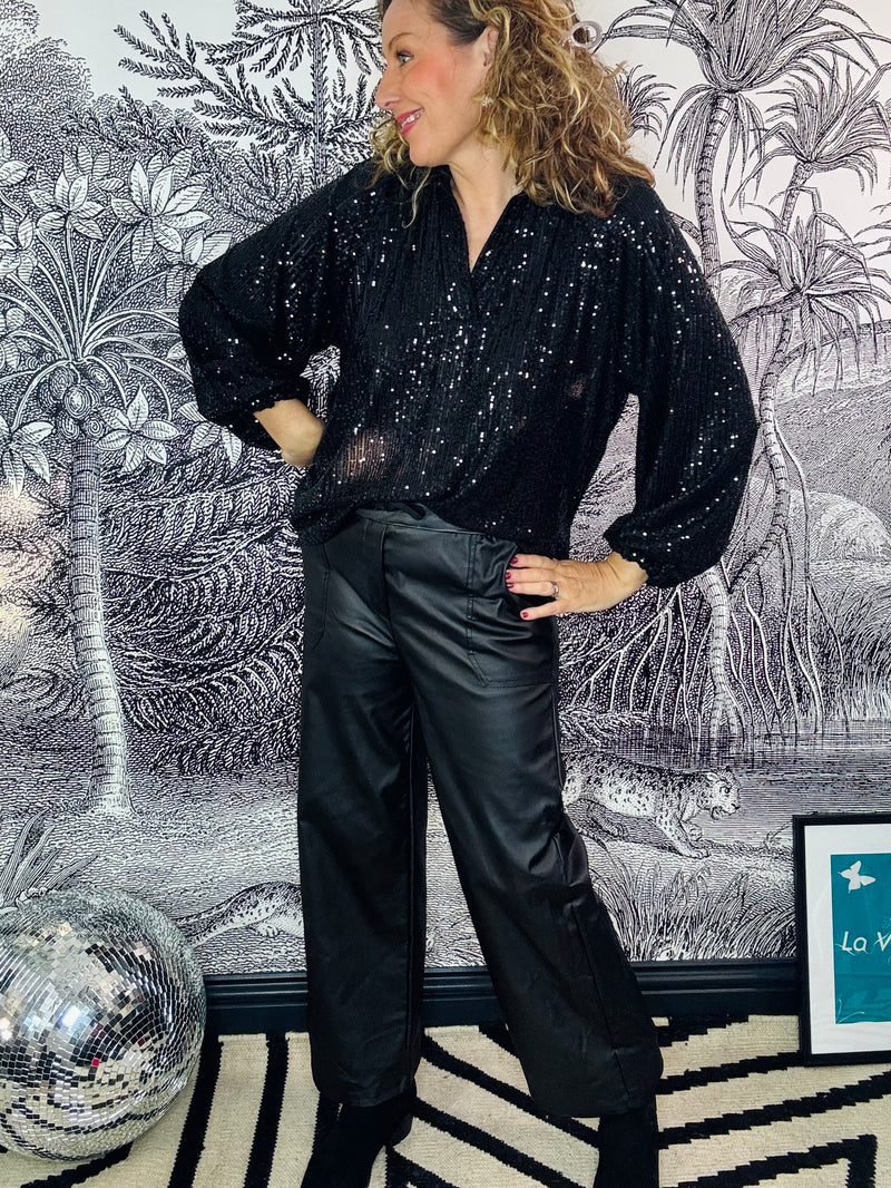 Aneta Sequin V-Neck Top with Collar