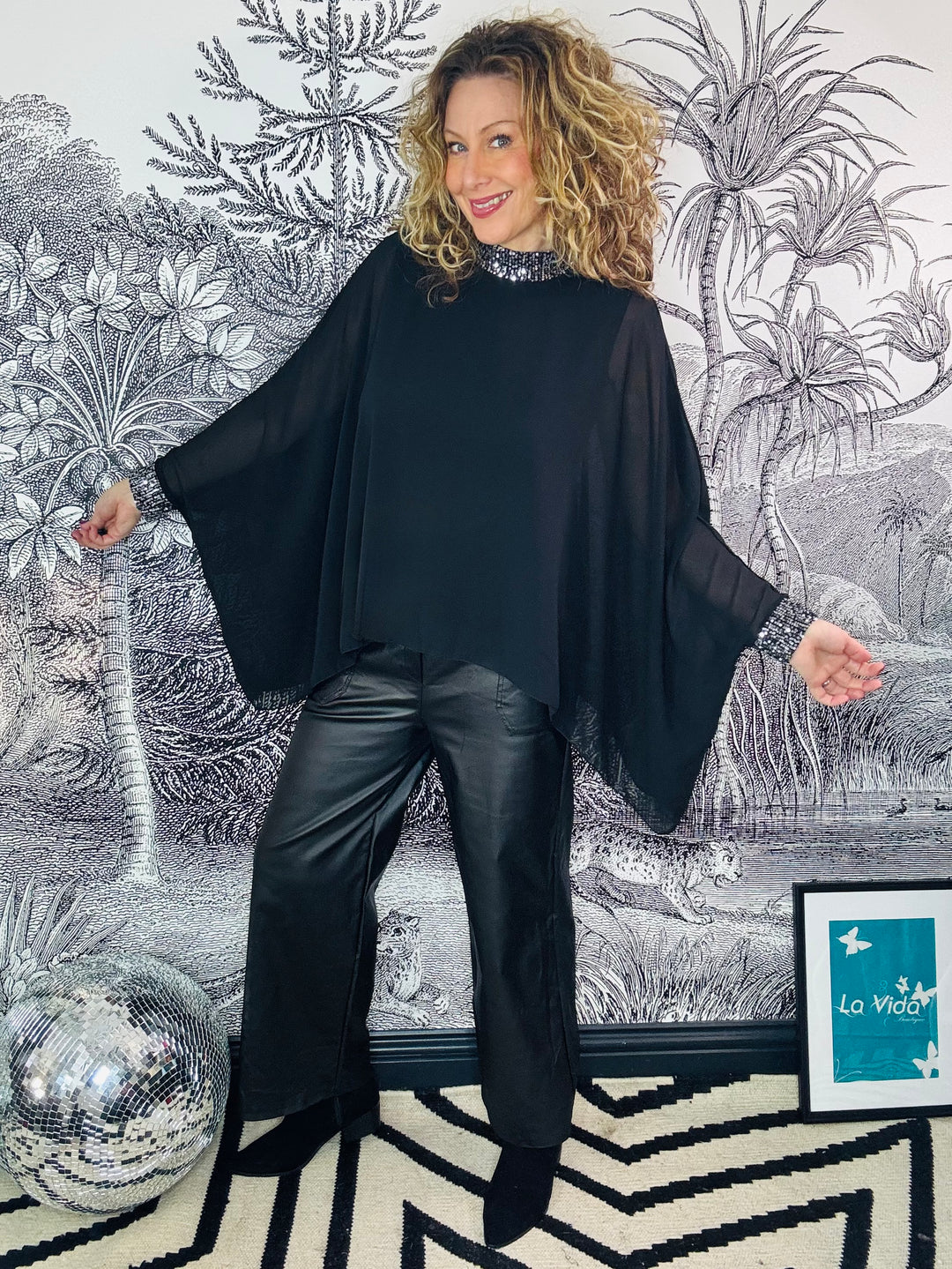 Jazz Sequin Trim Batwing Chiffon Top