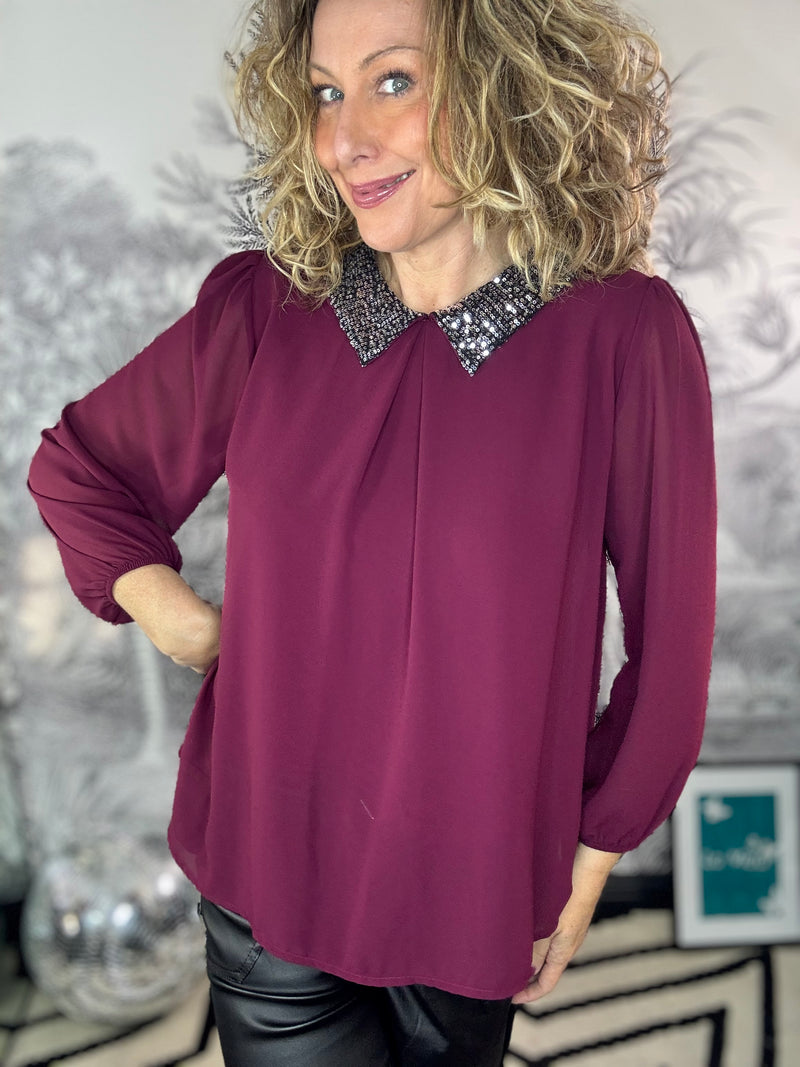 Anya Sequin Collar Chiffon Top