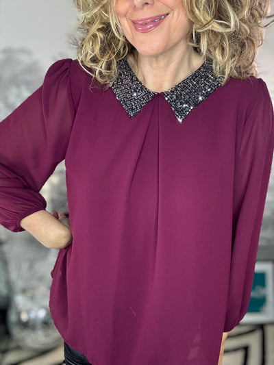 Anya Sequin Collar Chiffon Top