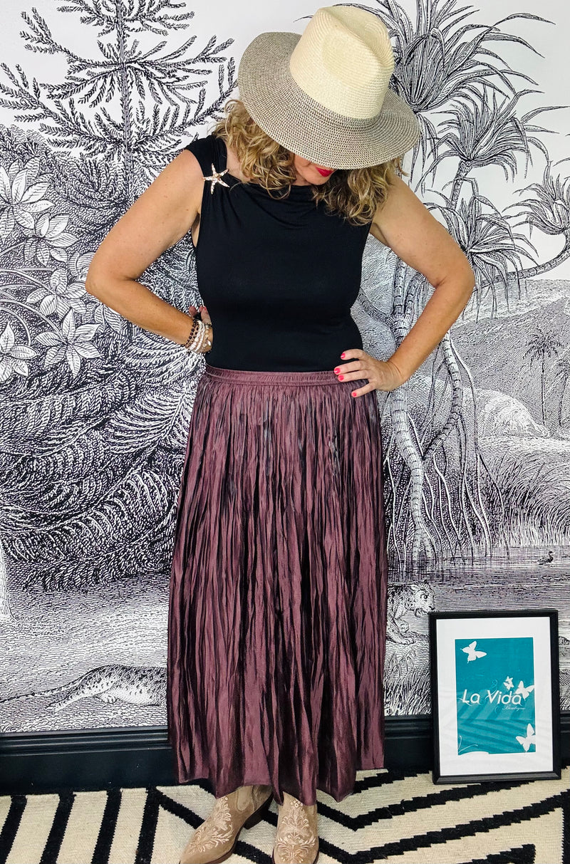 Bronya Shiny Crinkle Satin Midi Skirt