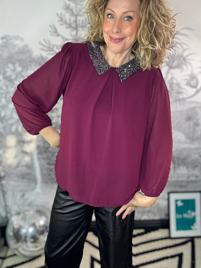 Anya Sequin Collar Chiffon Top