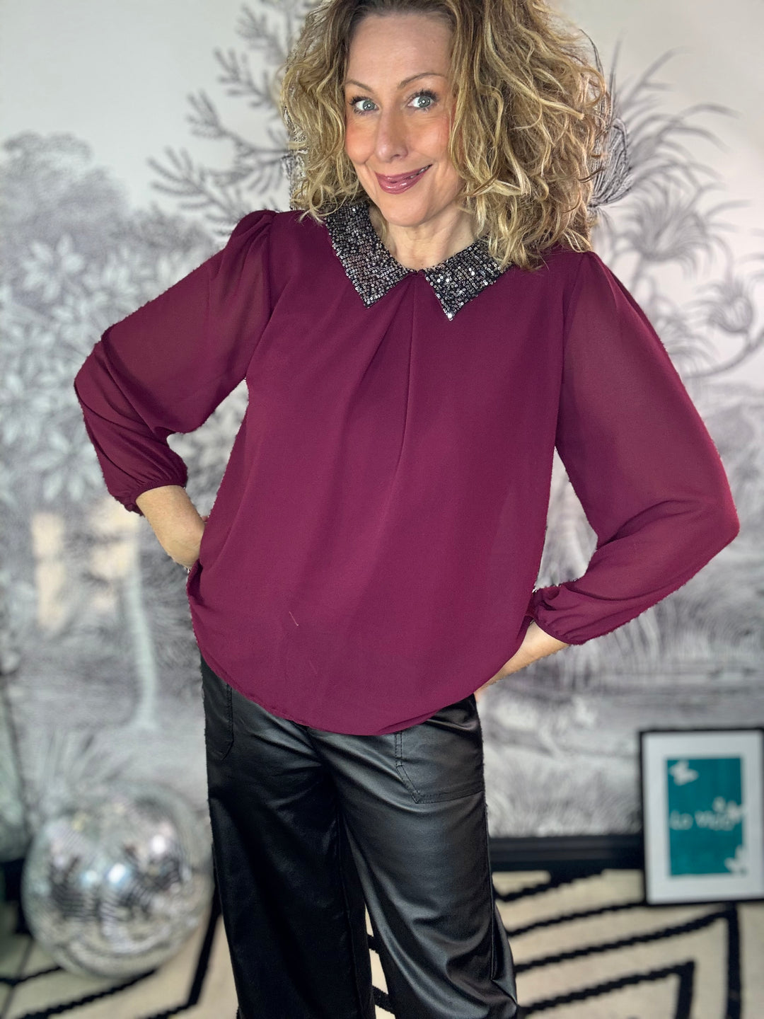 Anya Sequin Collar Chiffon Top