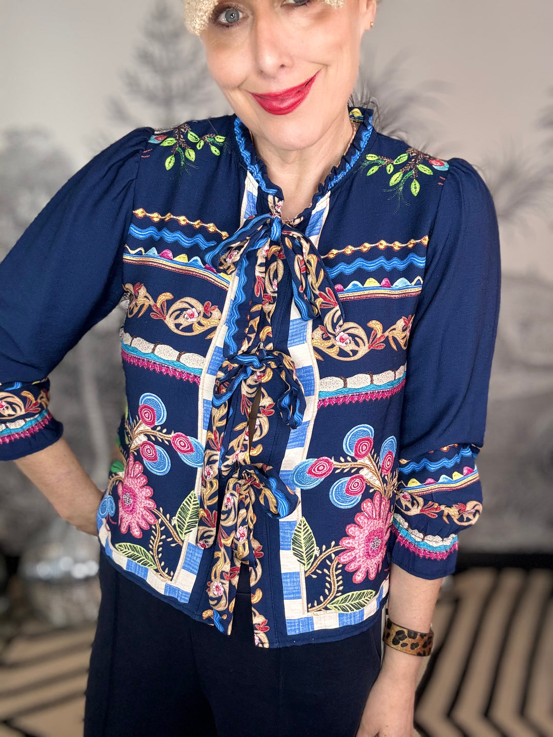 Bella Bohemian Folk Floral Print Tie Front Blouse