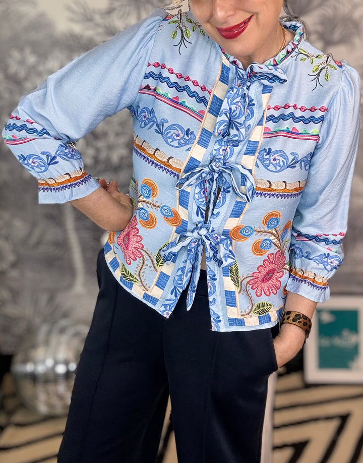 Bella Bohemian Folk Floral Print Tie Front Blouse