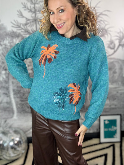 Palma Glitter Embroidered Cosy Knit in teal