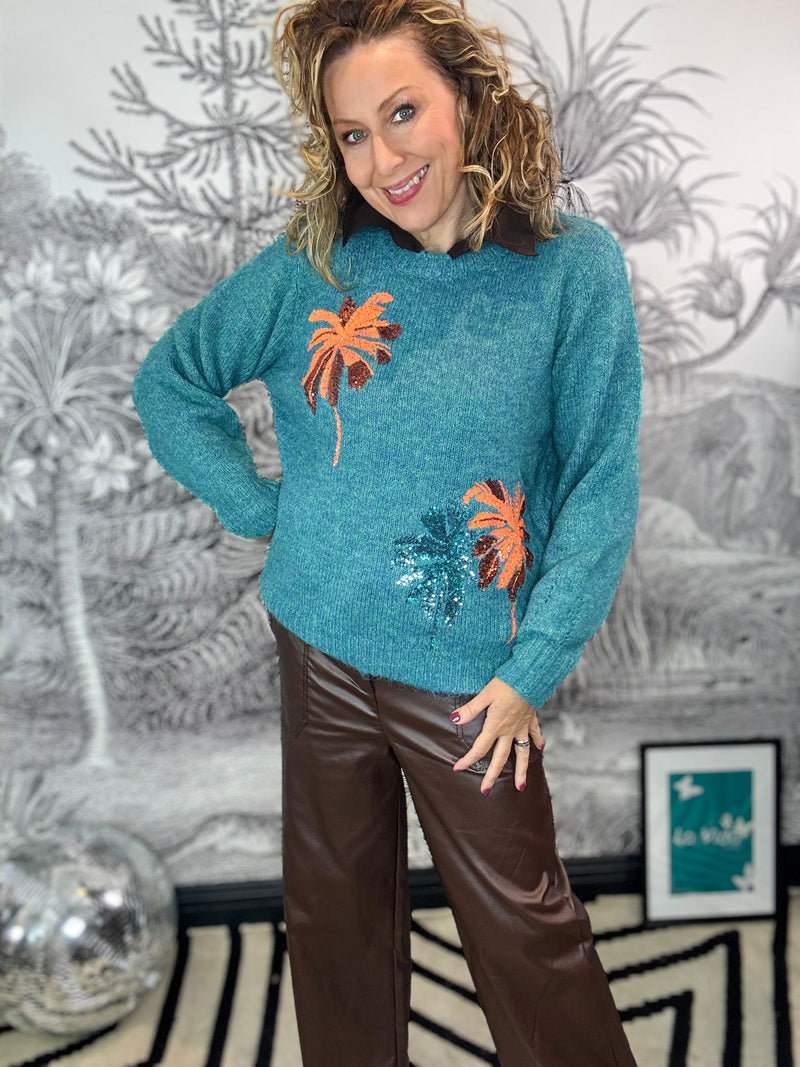 Palma Glitter Embroidered Cosy Knit in teal