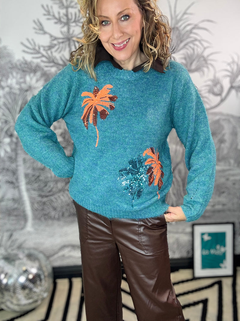 Palma Glitter Embroidered Cosy Knit in teal