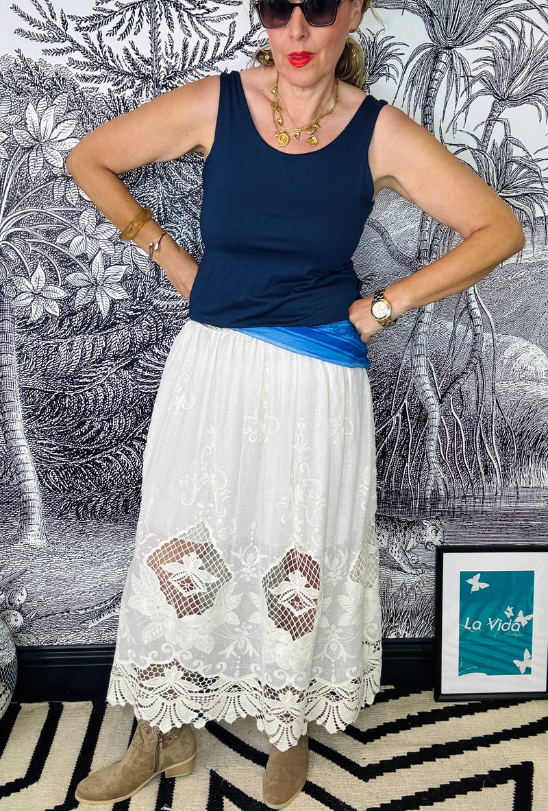 Cici Cut Out Crochet Midi Skirt