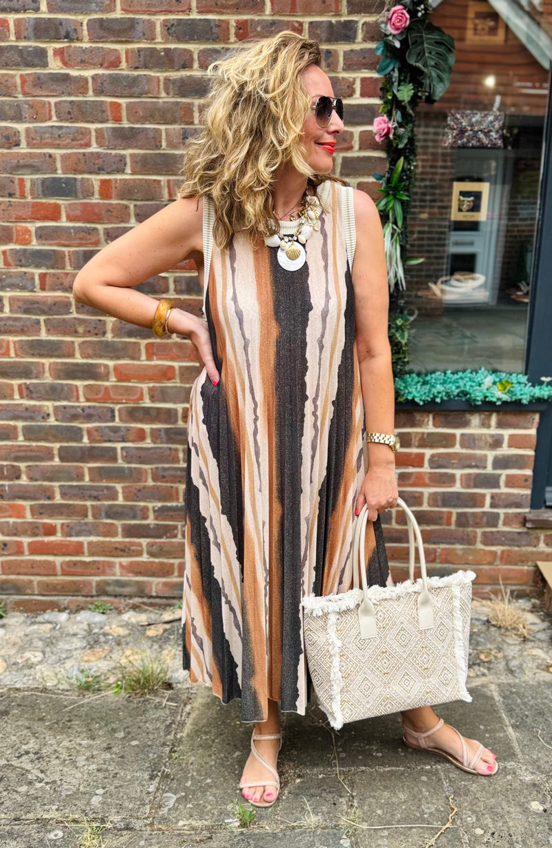 Rosita Pleated Lurex Stripe Sleeveless Dress