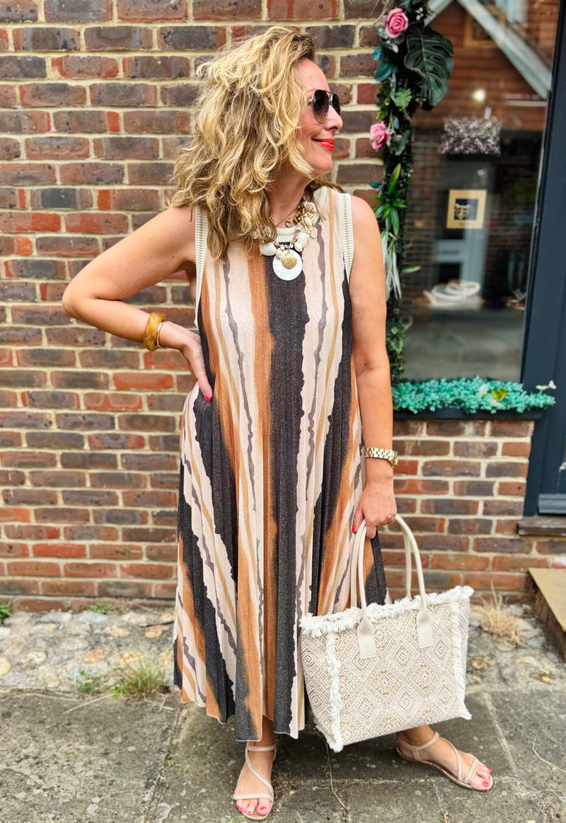 Rosita Pleated Lurex Stripe Sleeveless Dress