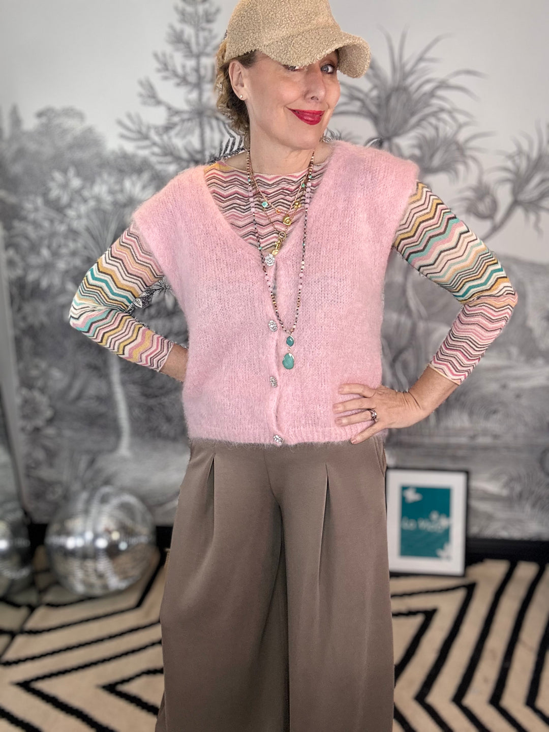 BJoerk Mohair Knit Vest with Diamante Buttons in Pink