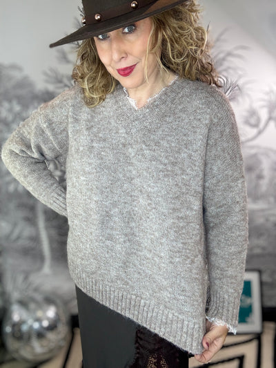 Lulu Lace Trimmed V Neck Cosy longer Jumper