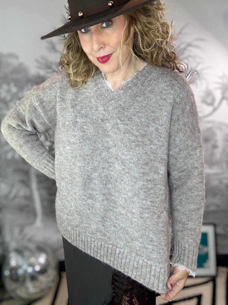 Lulu Lace Trimmed V Neck Cosy longer Jumper
