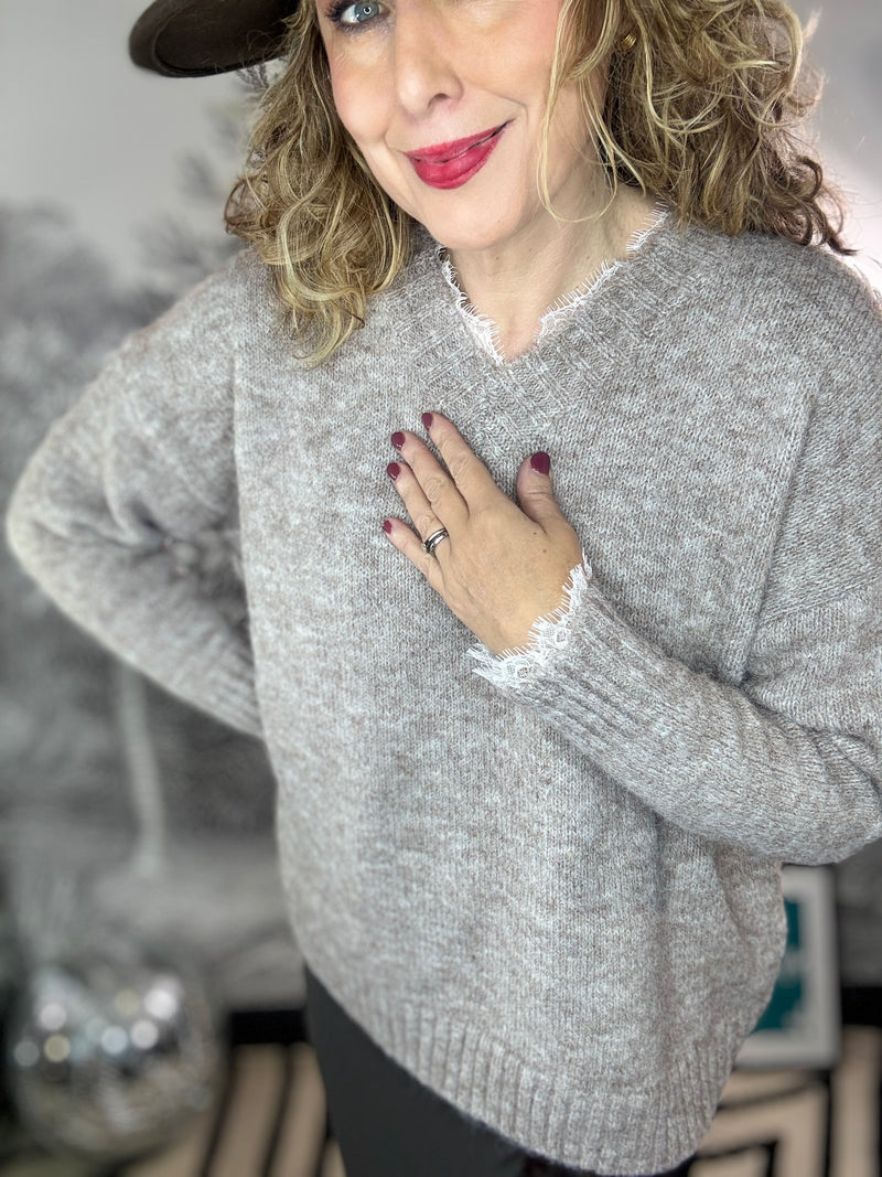 Lulu Lace Trimmed V Neck Cosy longer Jumper