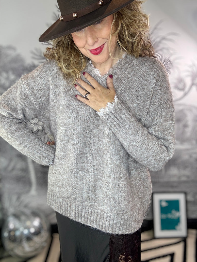 Lulu Lace Trimmed V Neck Cosy longer Jumper