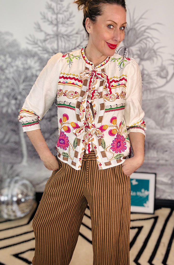 Bella Bohemian Folk Floral Print Tie Front Blouse