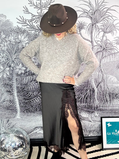 Sinclair Satin Skirt with Split & Lace Trim