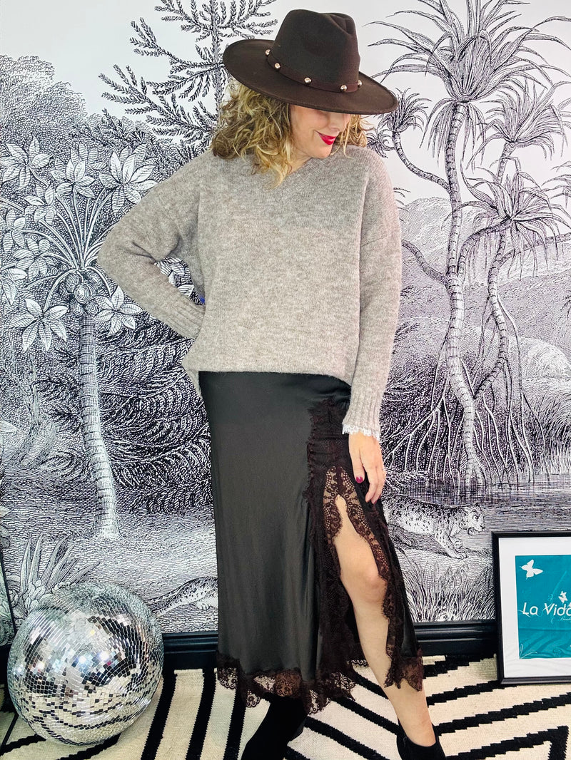 Sinclair Satin Skirt with Split & Lace Trim