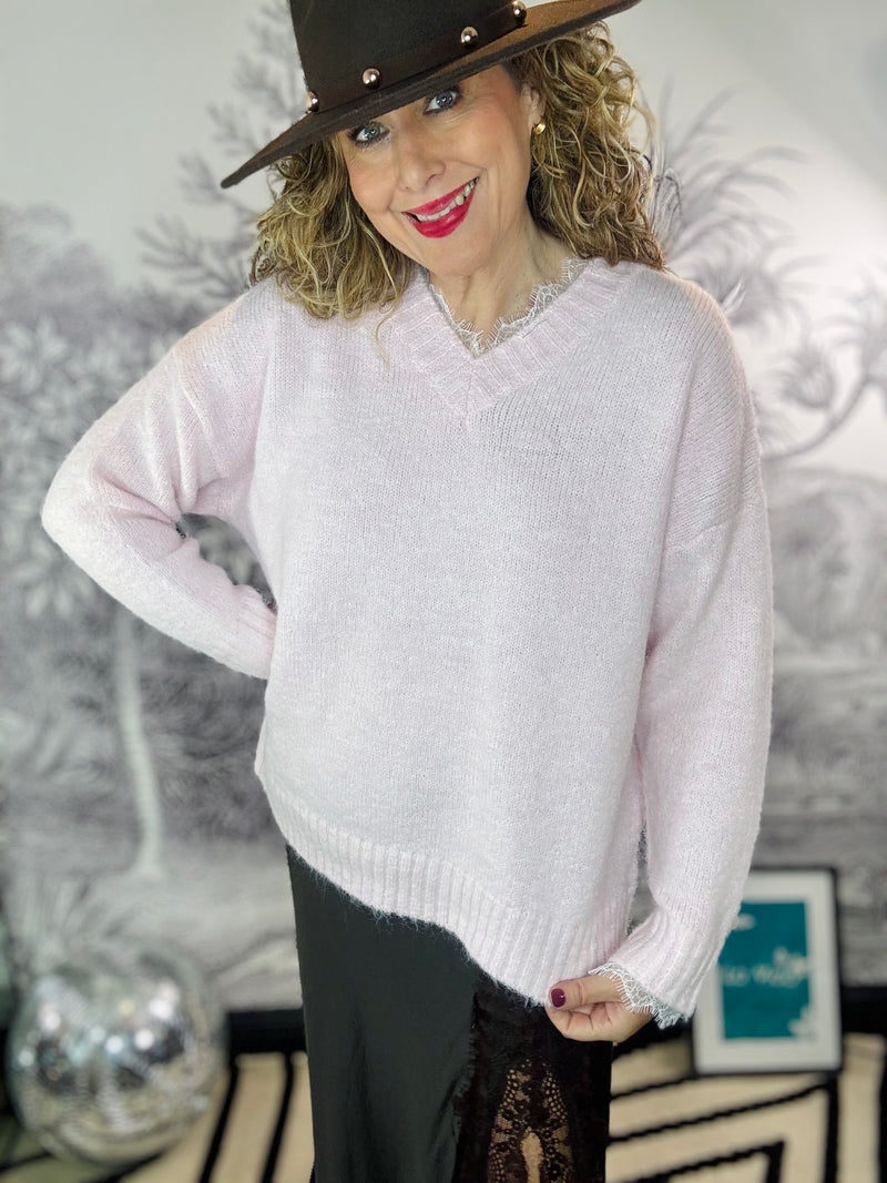 Lulu Lace Trimmed V Neck Cosy longer Jumper