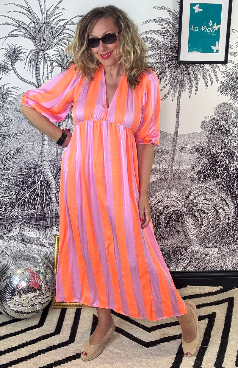 Sofia Silk Mix Neon Coral Stripe Dress
