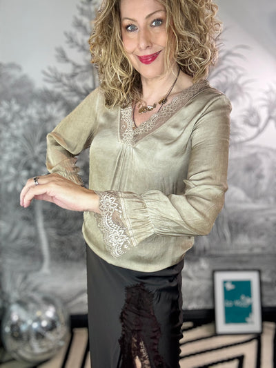 Mayfair Satin V Neck Lace Trim Top