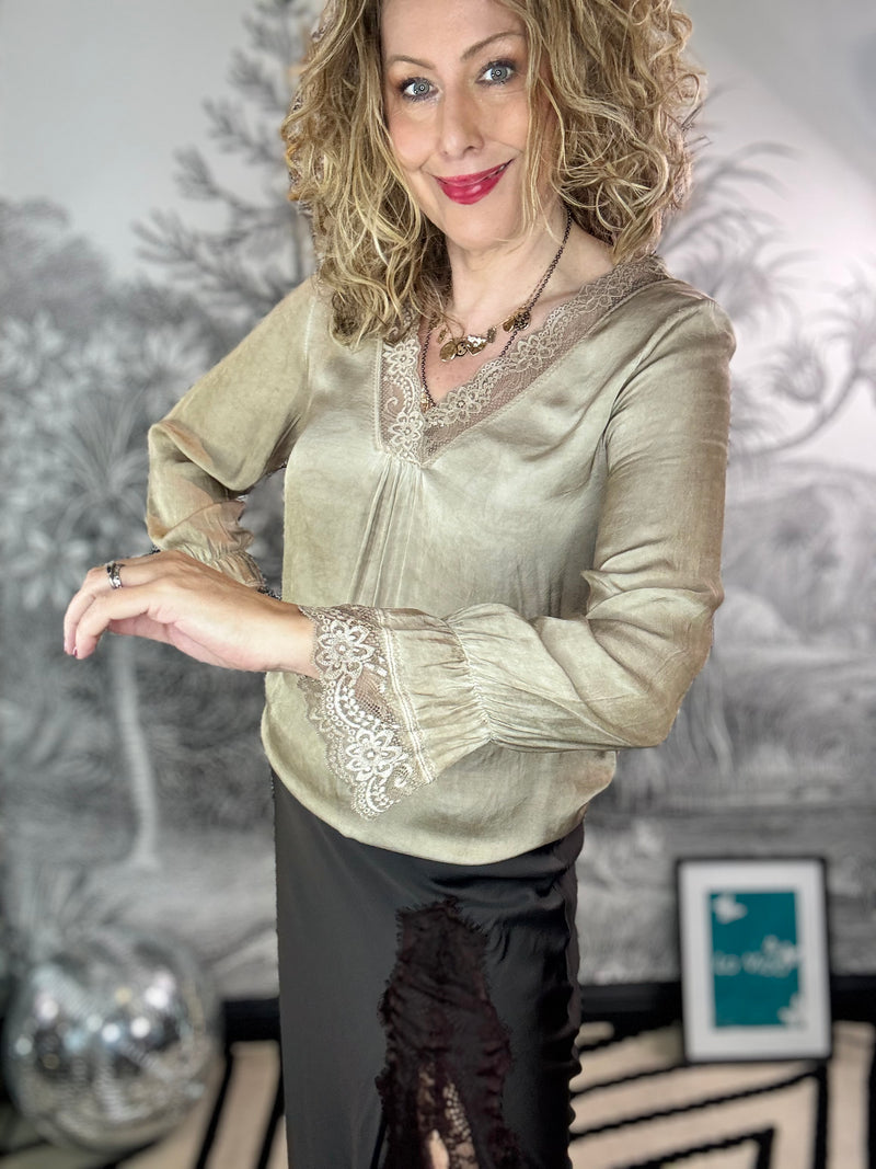 Mayfair Satin V Neck Lace Trim Top