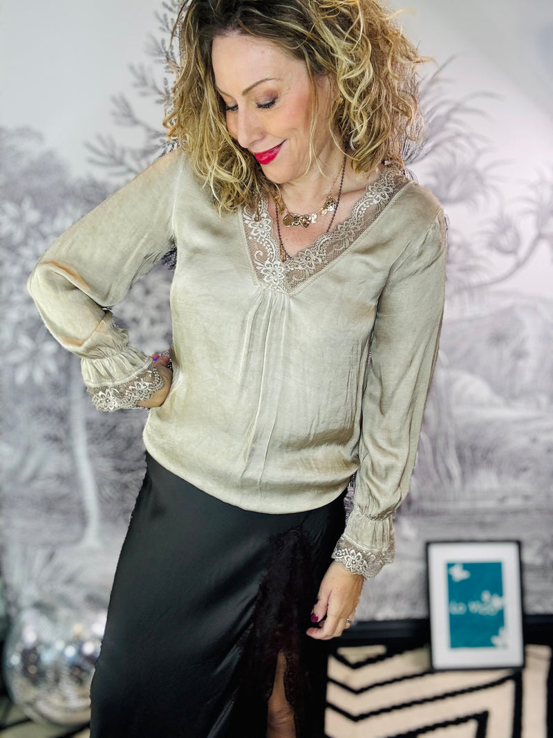 Mayfair Satin V Neck Lace Trim Top