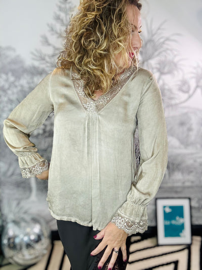 Mayfair Satin V Neck Lace Trim Top