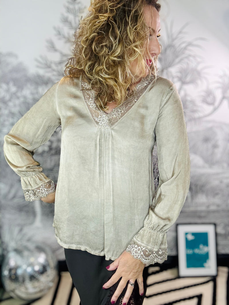 Mayfair Satin V Neck Lace Trim Top