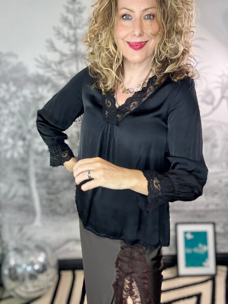 Mayfair Satin V Neck Lace Trim Top