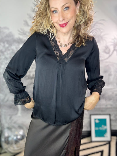 Mayfair Satin V Neck Lace Trim Top