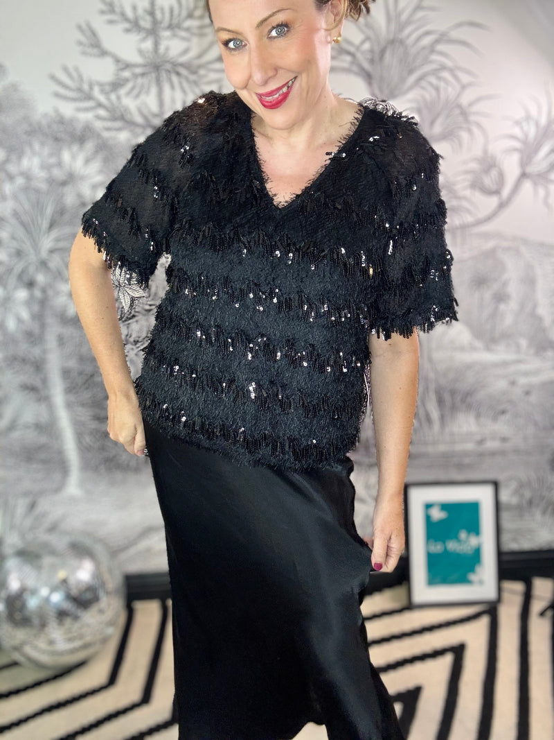 Fitz Sequin Fringe Top in Black