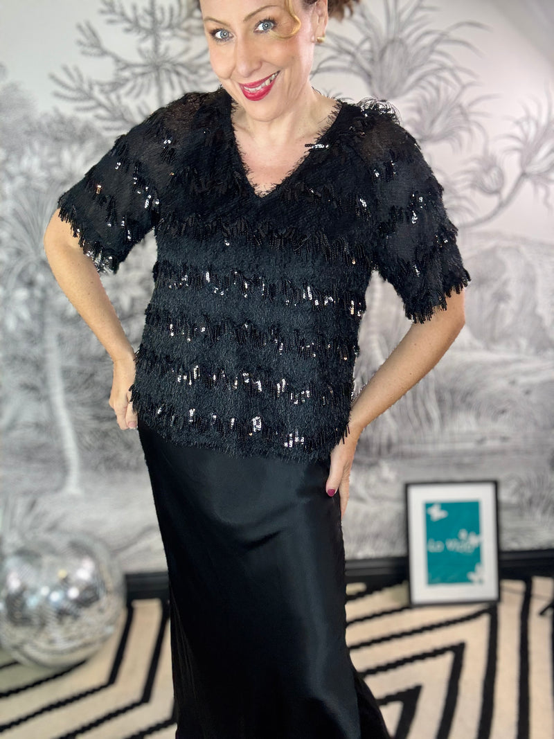 Fitz Sequin Fringe Top in Black