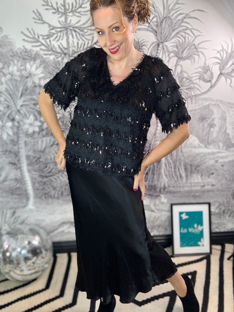 Fitz Sequin Fringe Top in Black