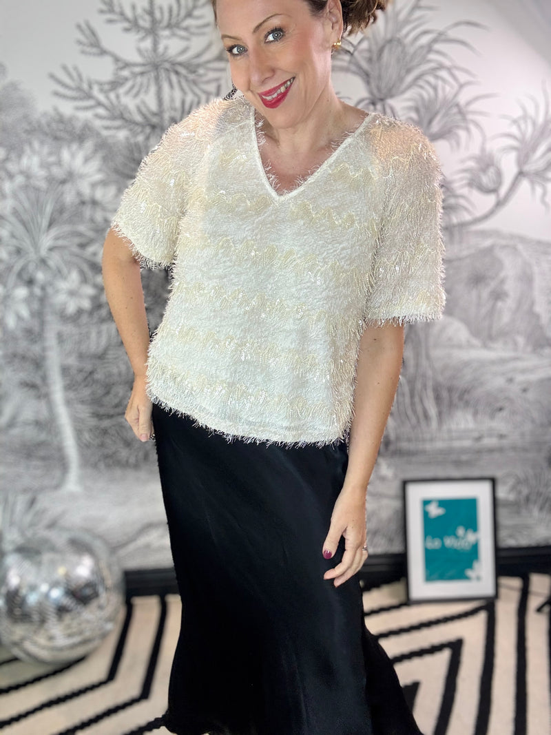 Fitz Sequin Fringe Top in Winter White