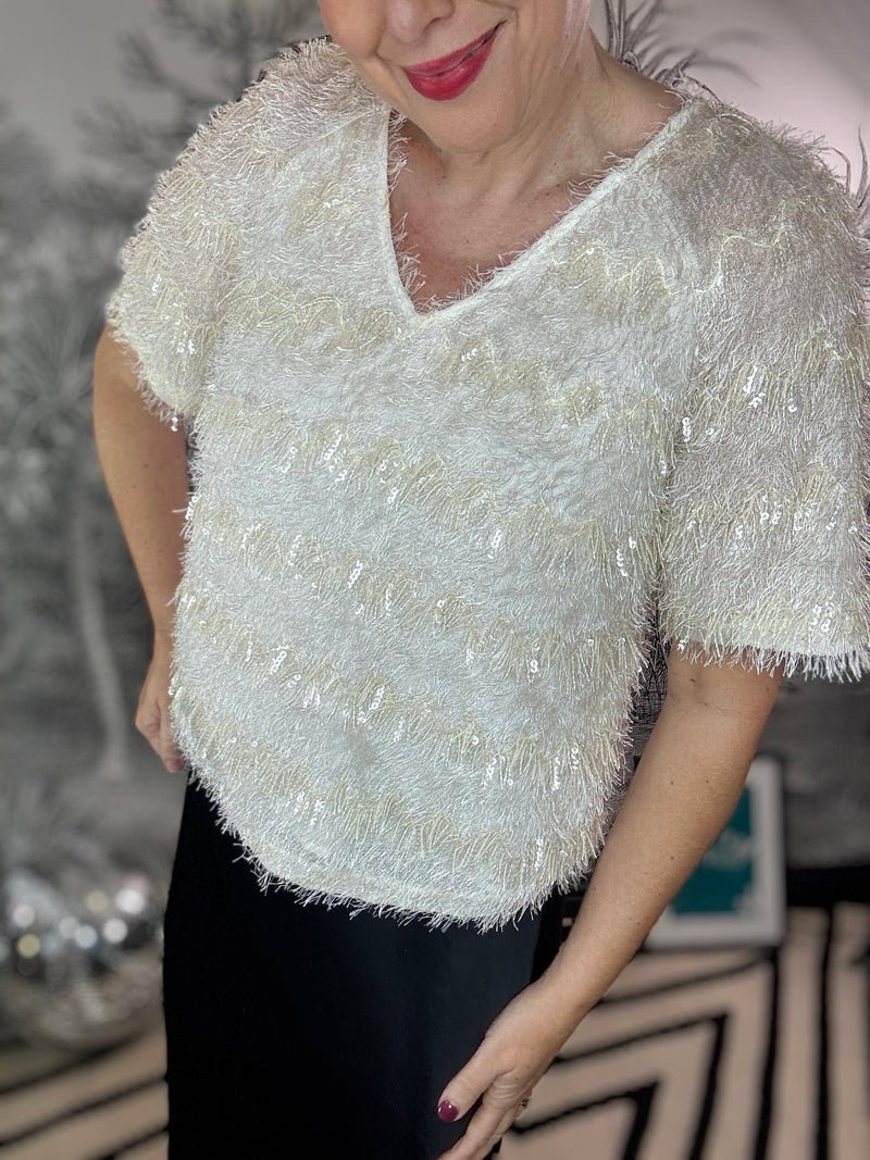 Fitz Sequin Fringe Top in Winter White