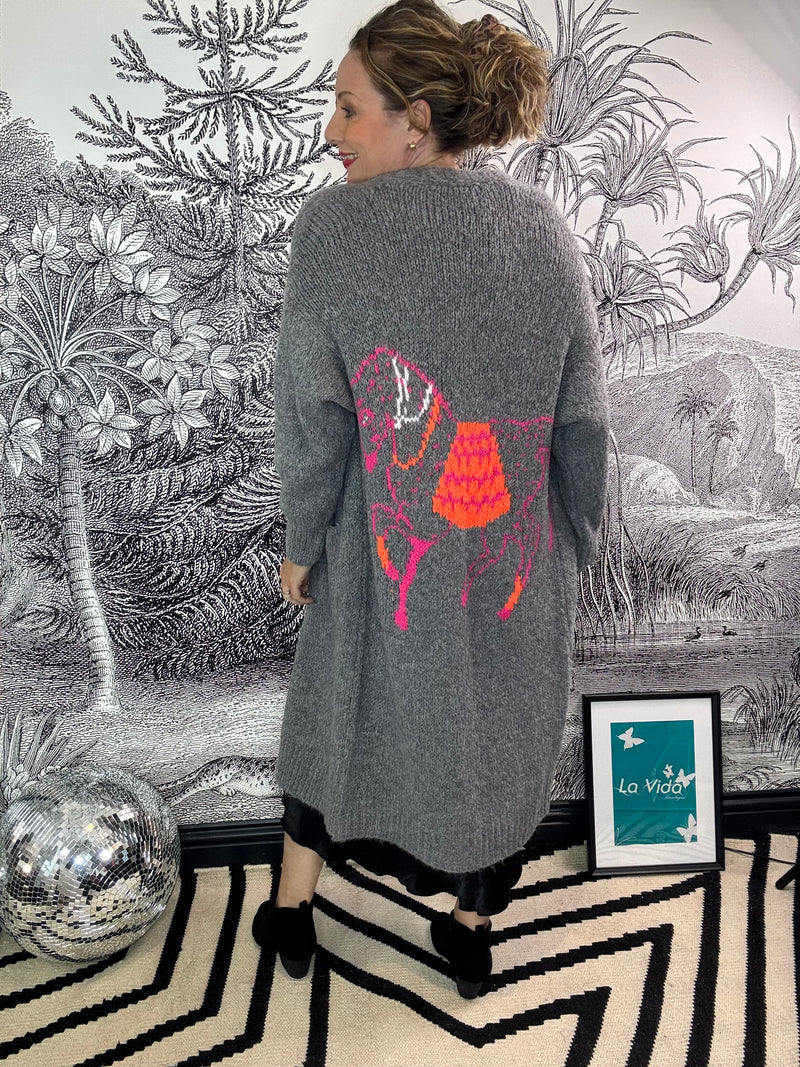 Paige Longline Open Cardigan with Neon Horse Motif